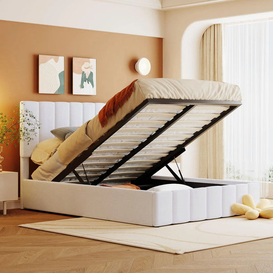 Full-Size White Upholstered Platform Bed