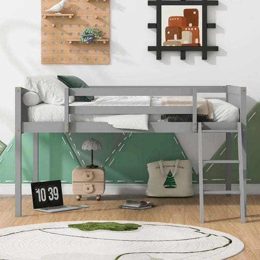 Full-Size Wooden Low Loft Bed with Ladder
