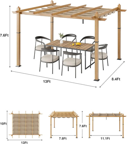 10X10FT 10X13FT Outdoor Pergola with Retractable Canopy
