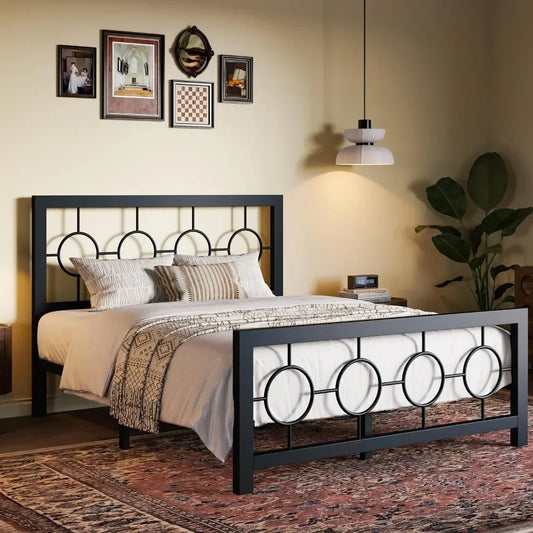 Full Size Bed Frame with Vintage Circular Design