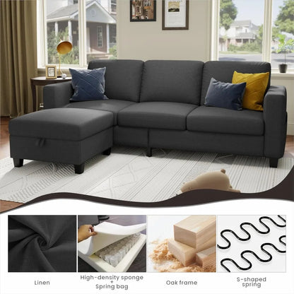 78''L Shaped Dark Grey 3-Seater Convertible Sofas