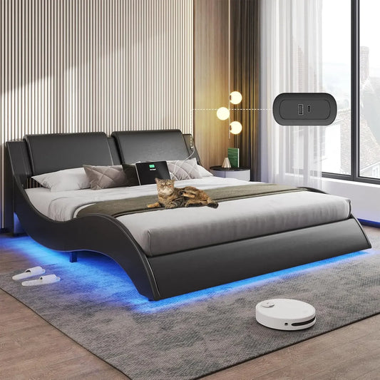 Cali King Platform Bed Frame Headboard Faux Leather Wave