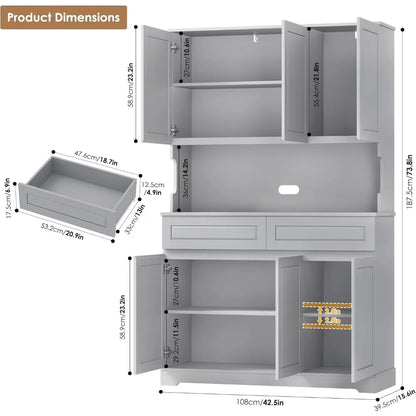 74" Tall Kitchen Pantry Cabinet with 6 Doors and 2 Drawers