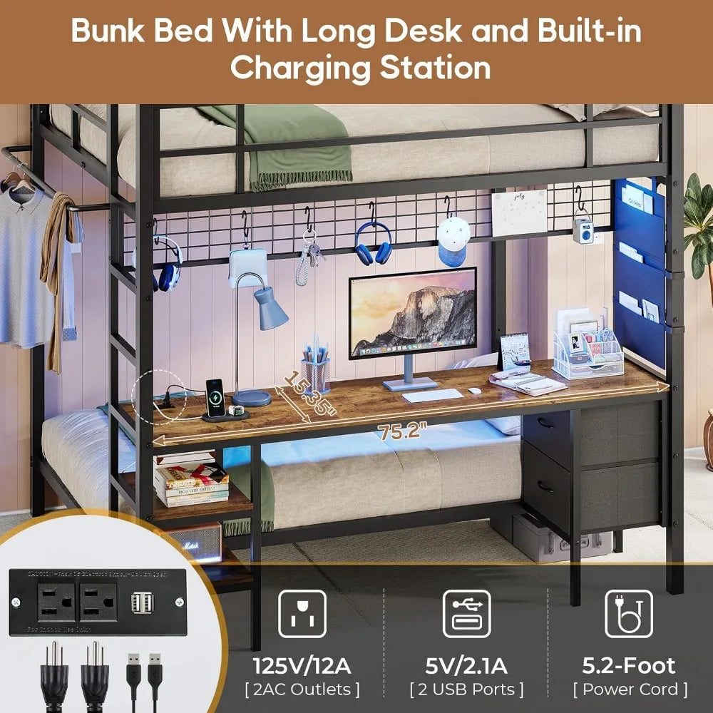 Full Over Twin Bunk Bed with Desk and Charging Station