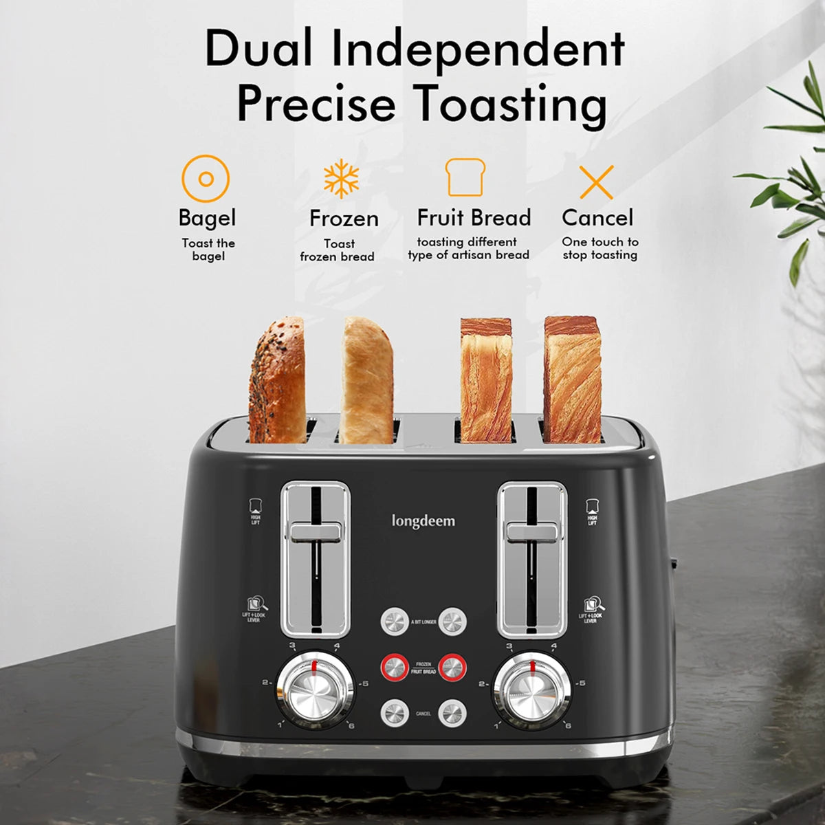 4 Slice Toaster, Dual Controls, Removable Crumb Tray