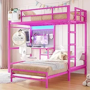 L-Shaped Metal Bunk Bed with Led Lights & Storage Shelves and Drawers