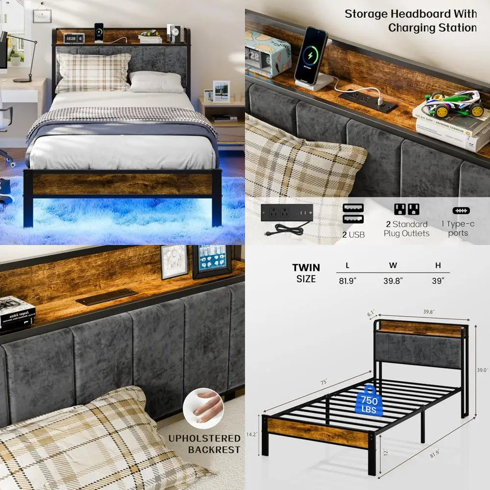 Metal Platform Bed Frame, Storage Headboard