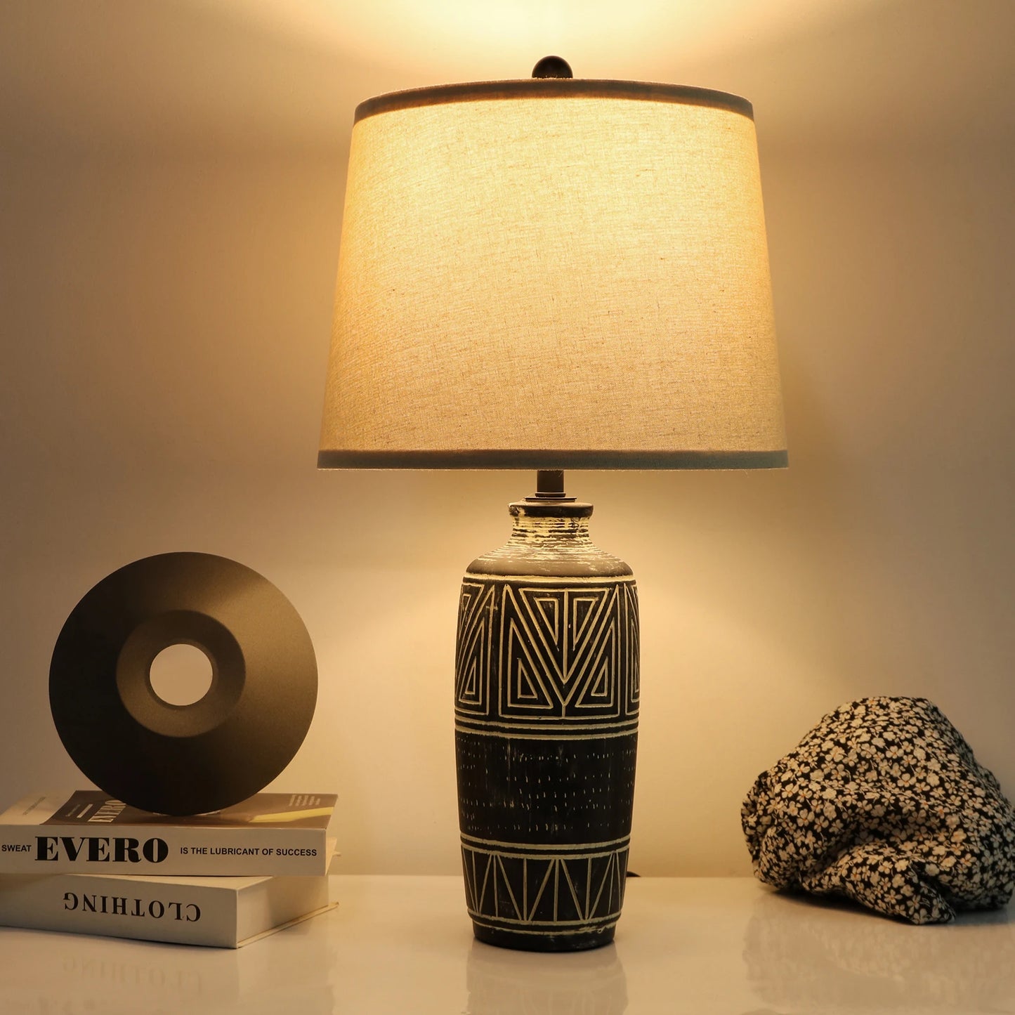 2 Pack 25-Inch Carved Geometric Ceramic Table Lamp