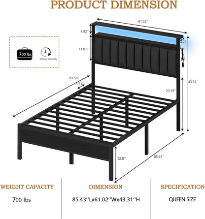 Queen Size Bed Frame with Charging Station with Metal Slats