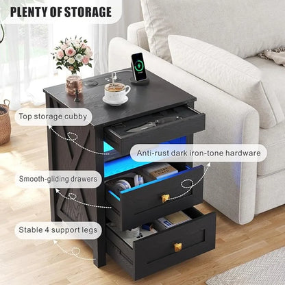 Bedside Tables with Charging Station LED Lighting