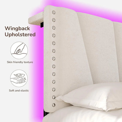King Size Bed Frame with Velvet Headboard and LED Lights