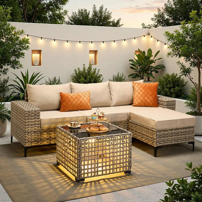 5Pcs Conversation Patio Furniture Set with Solar Lamp