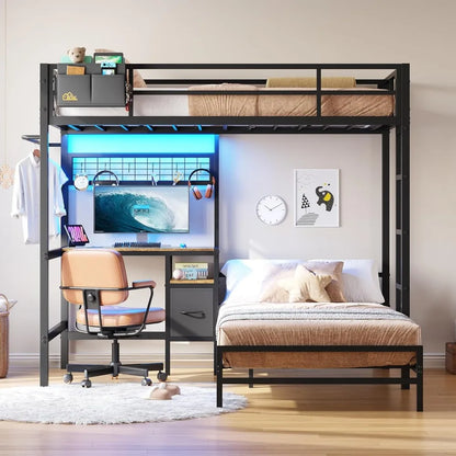 L-Shaped Metal Bunk Bed with Led Lights & Storage Shelves and Drawers