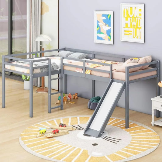 Twin Size Double Loft Bed with Slide and Ladder