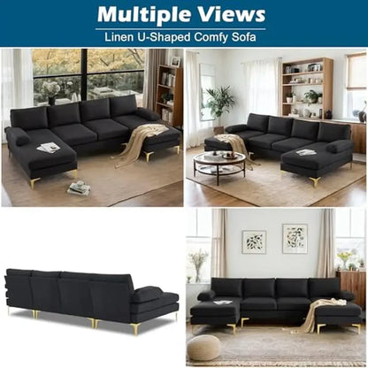 110" Black U-Shaped Sectional Sofa with Double Chaise Lounge Seat
