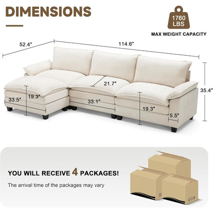 114 Inch L Shaped 4 Seat Sectional Sofa with Ottoman