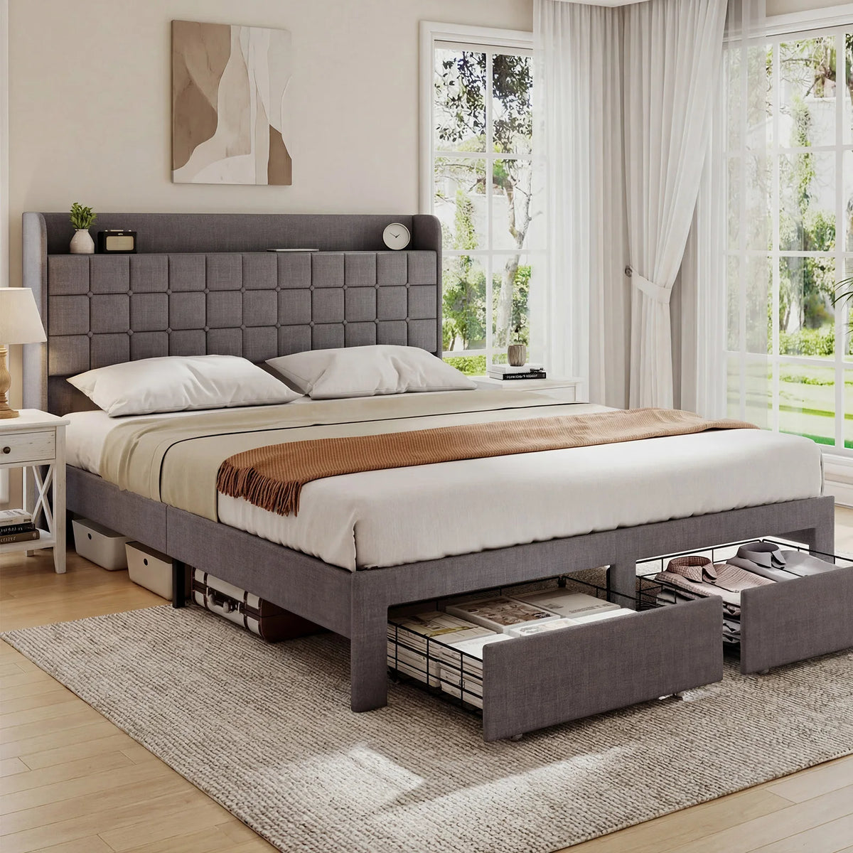Upholstered Platform Bed Frame Wooden Slats Support 1323 lbs.