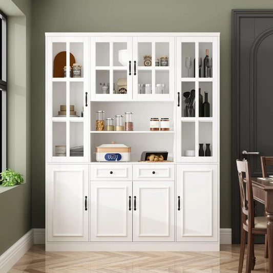 Large Kitchen Pantry Storage Cabinet with Glass Doors & Drawers