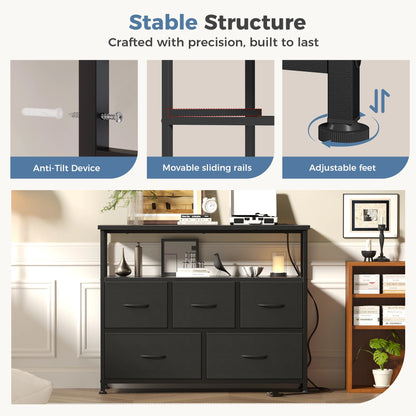 TV Stand with 5 Fabric Dresser with Charging Station