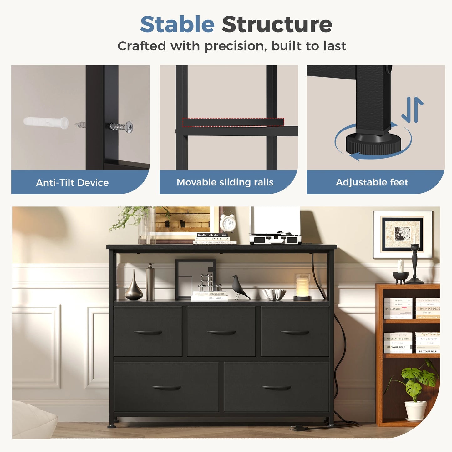 TV Stand with 5 Fabric Dresser with Charging Station