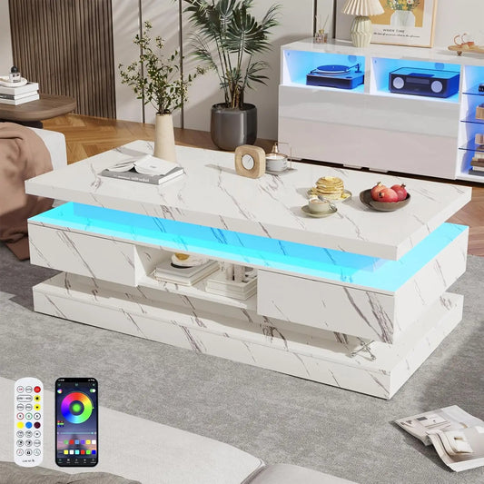 47.2-inch High Glossy LED Coffee Table with 2 Sliding Drawers
