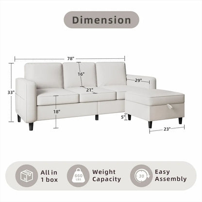 3 Seat L Shaped Sectional Sofa Couches with Storage