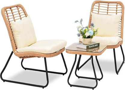3 Piece Outdoor Wicker Bistro Set, and Tempered Glass