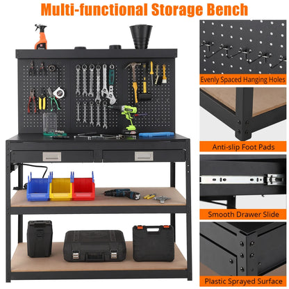 3-Tier Heavy Duty Worktable with 2 Drawers with Hanging Hooks