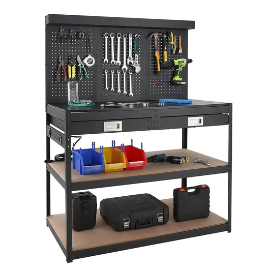 3-Tier Heavy Duty Worktable with 2 Drawers with Hanging Hooks