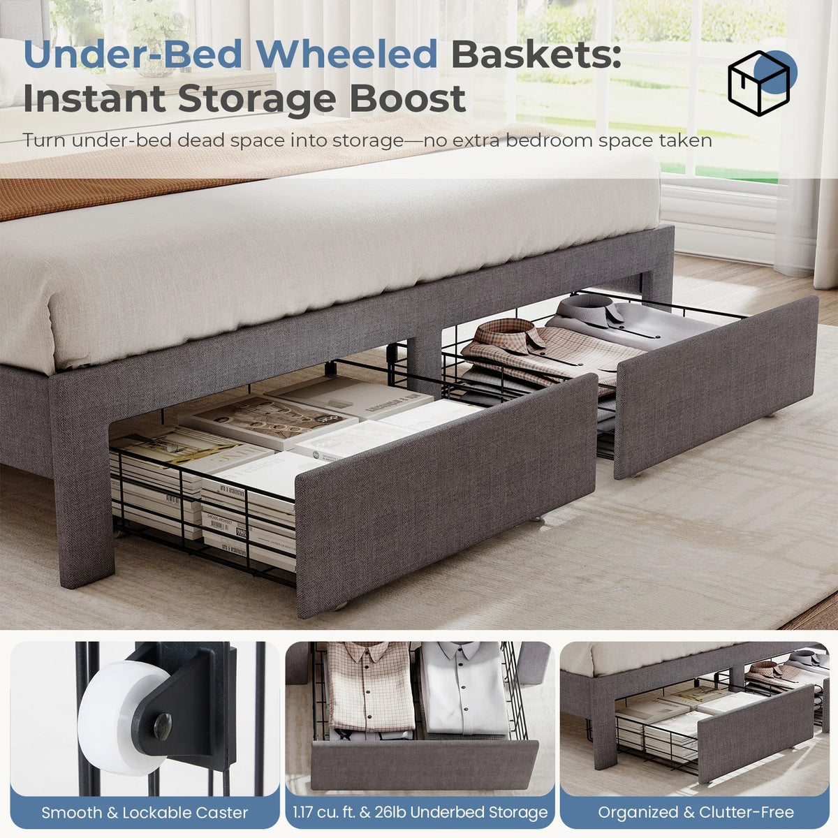 Upholstered Platform Bed Frame Wooden Slats Support 1323 lbs.