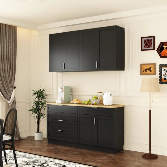 Wall-Mounted Pantry Cabinet Set with Doors & Countertop