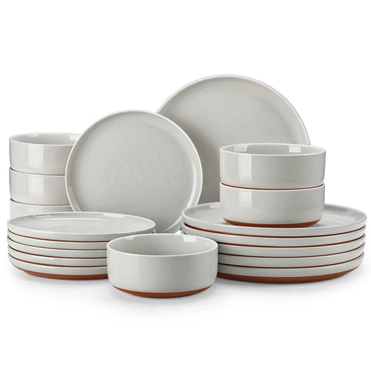 18Pcs Grey Ceramic Plates and Bowls Dinnerware Set.