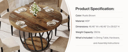 46-Inch Wood Kitchen Table with Sturdy Metal Base