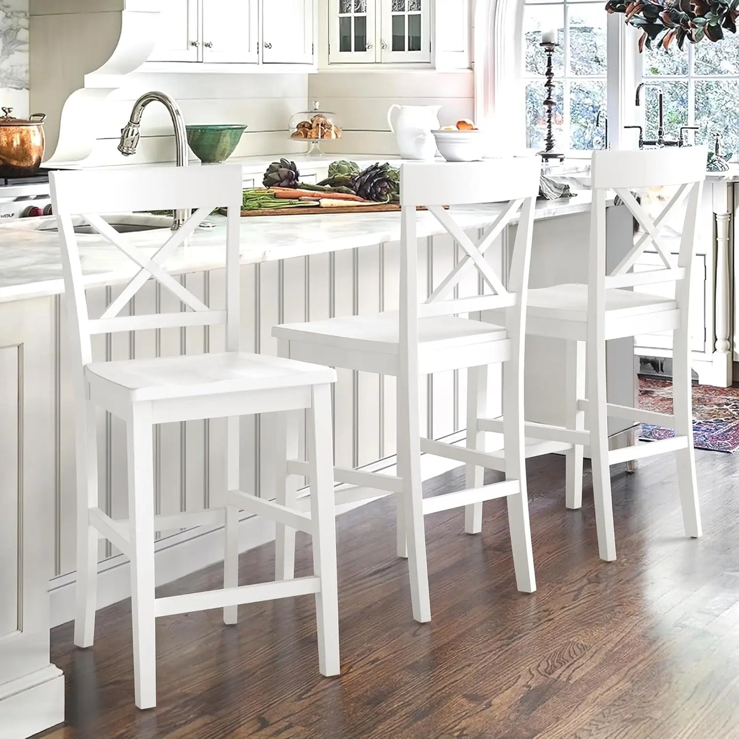 24" H Wooden Stools with Back and Footrest