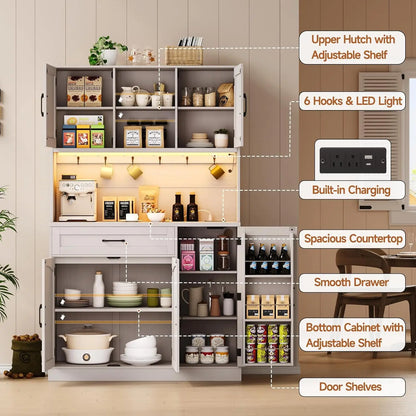 71" Kitchen Pantry Cabinet w/ LED Light & Outlet
