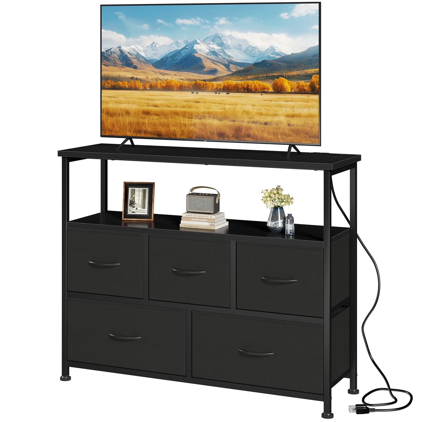 TV Stand with 5 Fabric Dresser with Charging Station