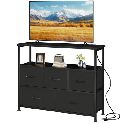 TV Stand with 5 Fabric Dresser with Charging Station