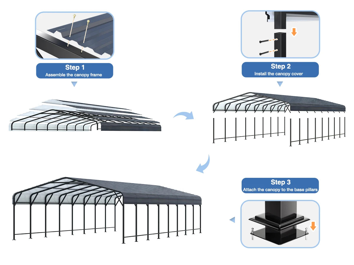 10x15~20x40FT Multi-Size Metal Carport with sturdy base