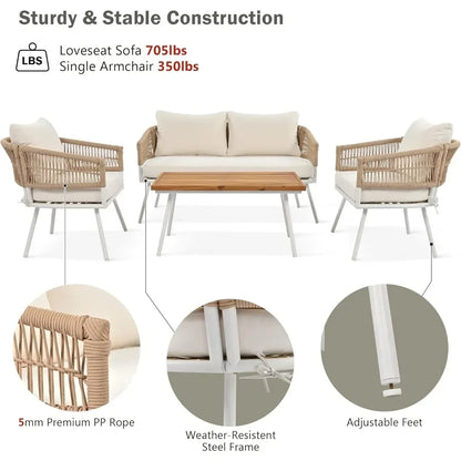 4 Pieces  Outoor Patio Furniture Set PP Rope Conversation Set w/Loveseat