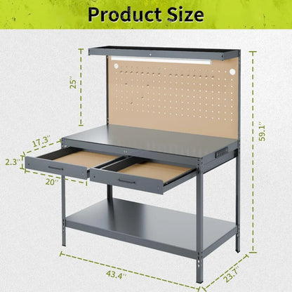 A3 Steel Workbench with Power Outlets and Light