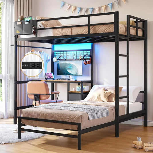 L-Shaped Metal Bunk Bed with Led Lights & Storage Shelves and Drawers