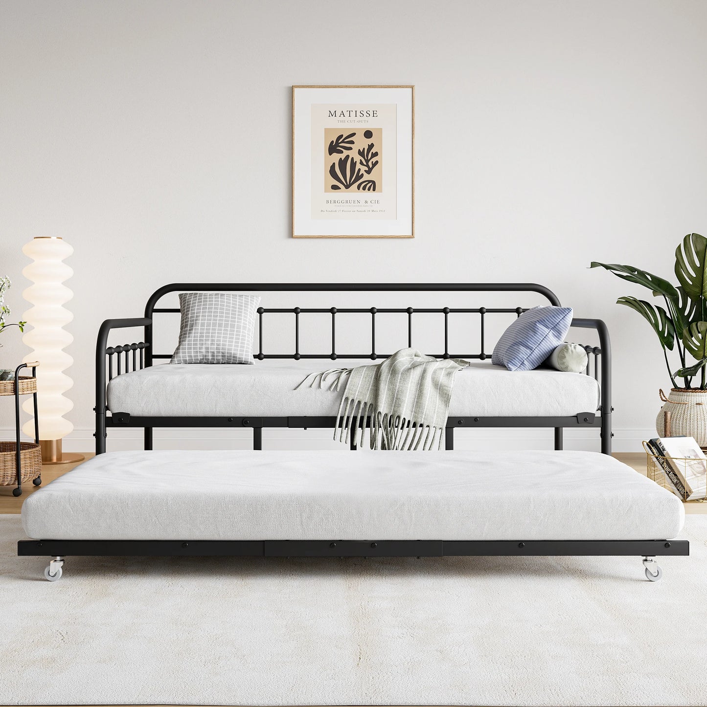 Twin Size Metal Daybed Frame with Trundle, Heavy Duty Steel Slat Support Sofa Bed Platform with Headboard, No Box Spring Needed,