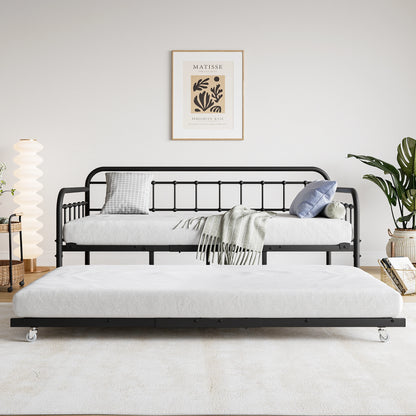 Twin Size Metal Daybed Frame with Trundle, Heavy Duty Steel Slat Support Sofa Bed Platform with Headboard, No Box Spring Needed,