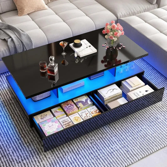 High Glossy Modern Black Coffee Table w/60,000-Color Lights,