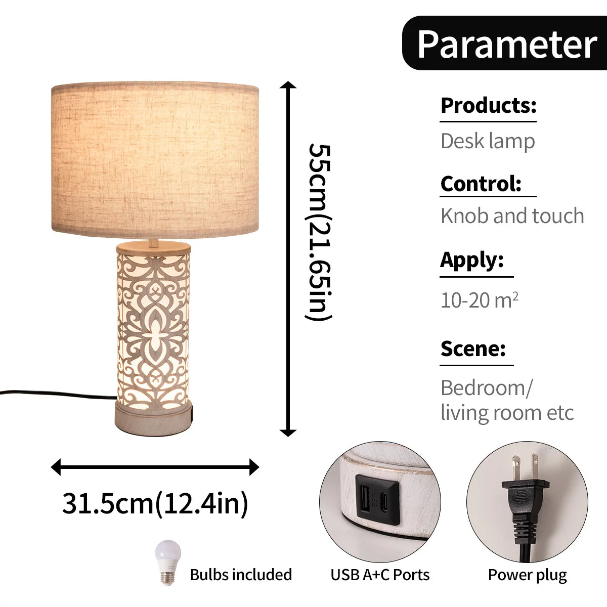 Retro Farmhouse Table Lamp with Multi-Functions