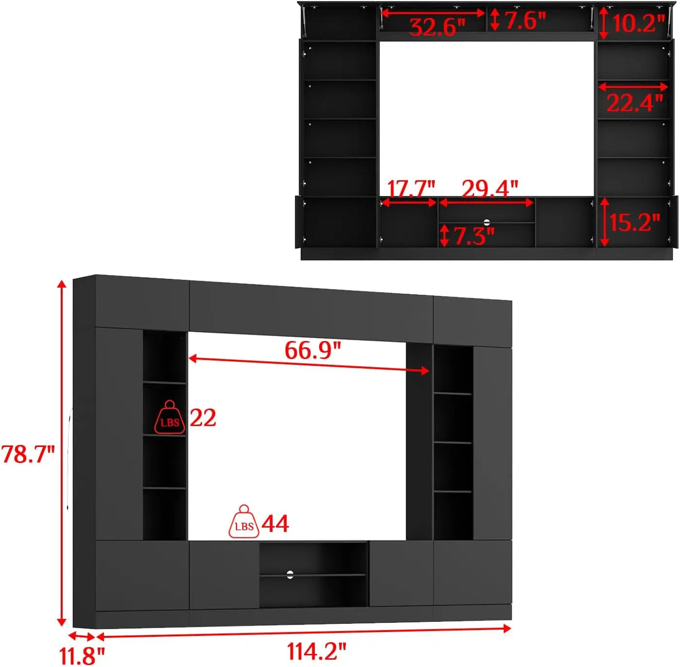 114" Large Wall Unit Entertainment Center with Bookshelves