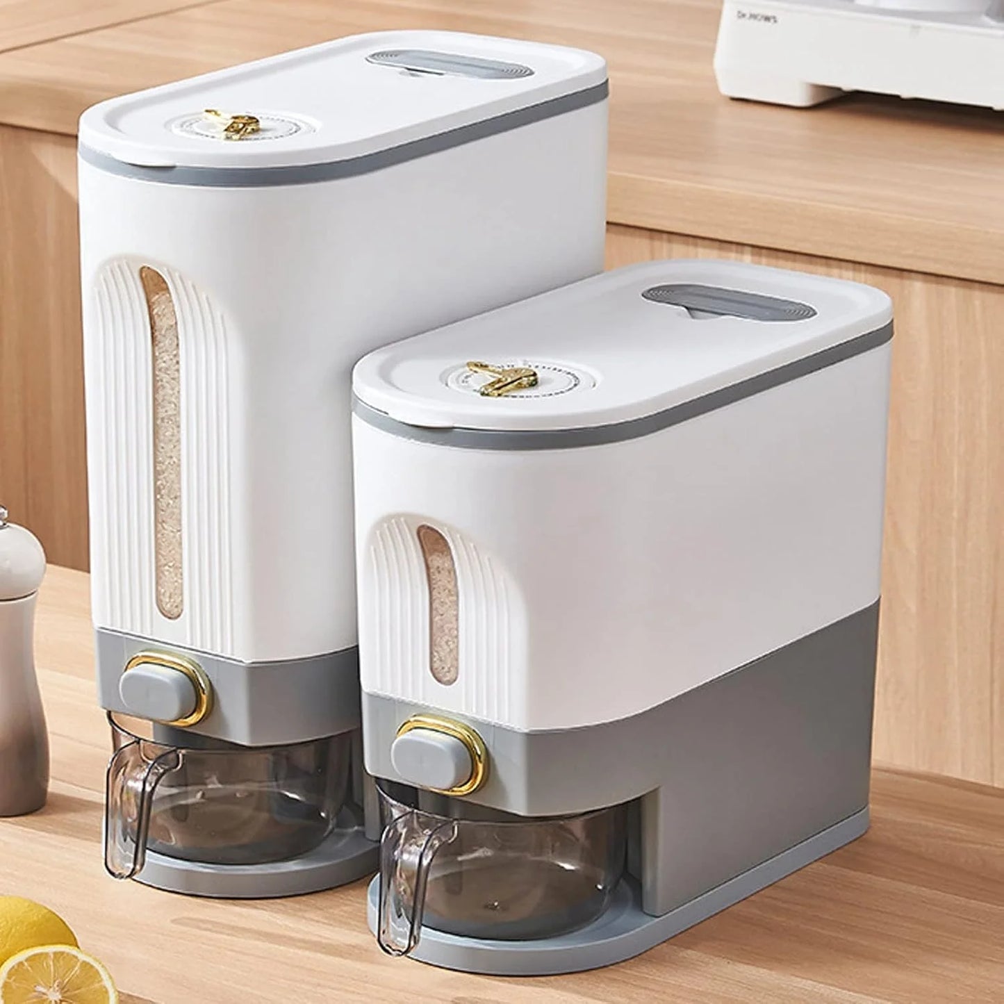 Gray L 10L Rice Dispenser & Grain Container with Lid - Household Cereal Bucket for Kitchen Organization, Ideal for Rice, Beans,