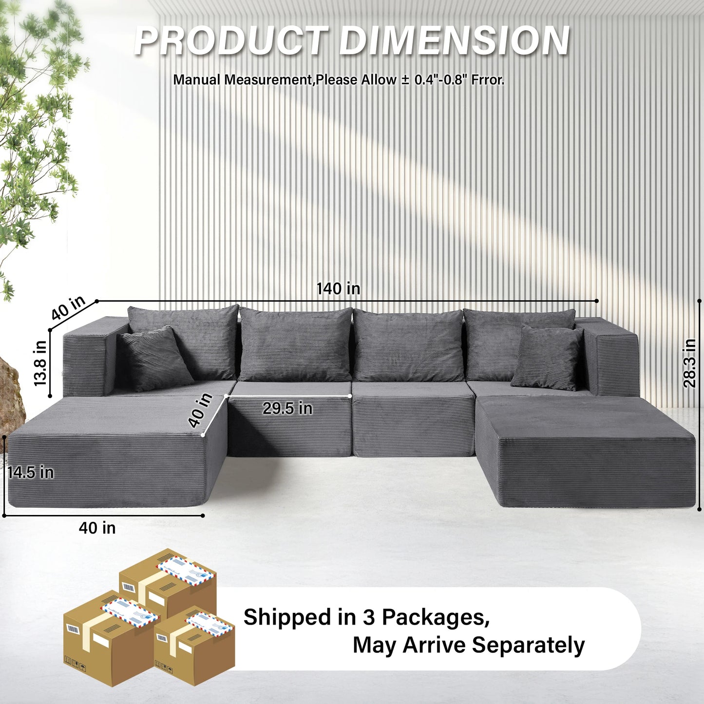 140"Corduroy Sleeper Modular Sectional Sofa