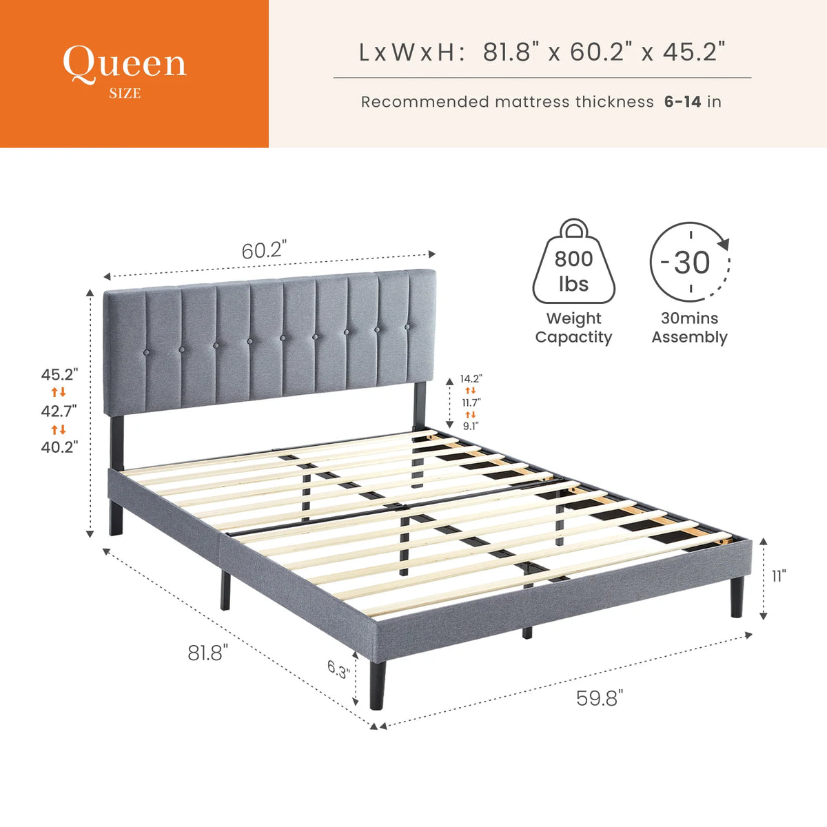 Platform Bed with Headboard 530LBS Sturdy Slats Support