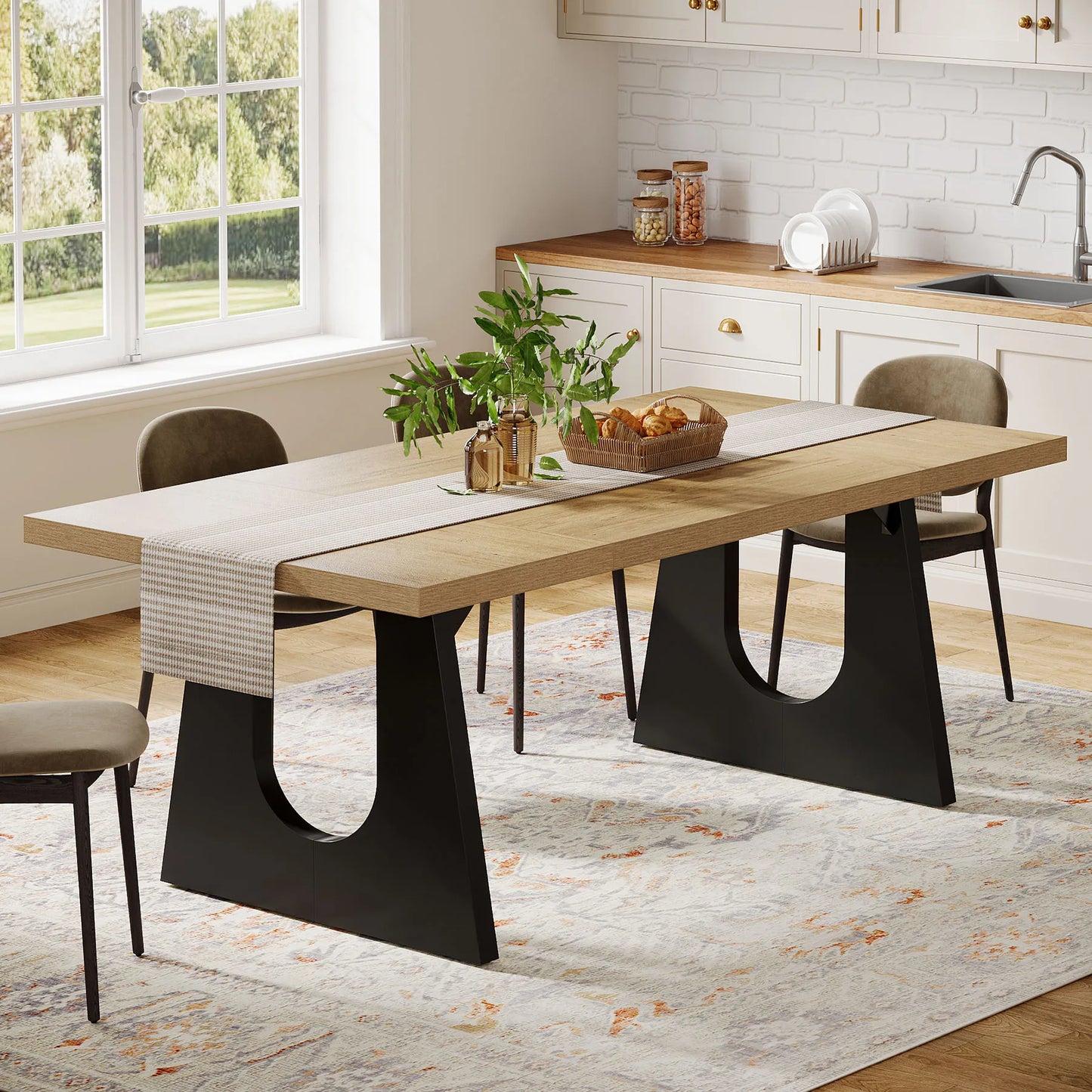 70.9-Inch Wood Rustic Rectangular Table with Black Wooden Legs